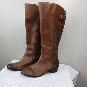 ARTURO CHIANG COGNAC LEATHER RIDING BOOTS LACE UP BACK SIZE 9.5 VERY GOOD